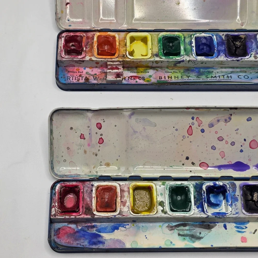 Watercolor Paint Tins Vintage Binney & Smith Artista Blue Metal Set of 2 Art - Picture 5 of 8